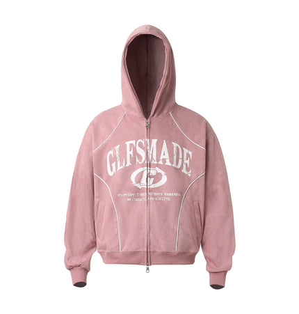 TALKLESSFASHION M / pink JW302 American Trend Suede Suede Vintage Structure Printed Design Short and Wide Men's Hooded Cardigan Sweatshirt