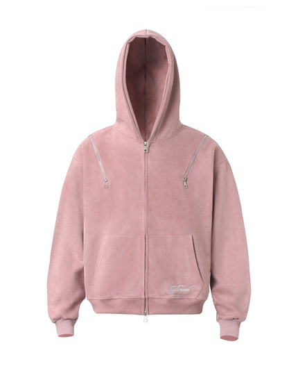 TALKLESSFASHION M / pink JW303 American Trend Suede Suede Vintage Structure Zipper Design Short and Wide Men's Hooded Cardigan Sweatshirt