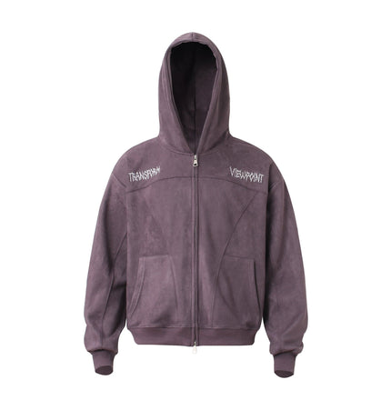 TALKLESSFASHION M / purple JW305 American Trend Suede Vintage Structure Embroidery Pattern Design Short and Wide Men's Hooded Cardigan Sweatshirt