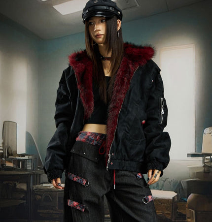 TALKLESSFASHION M [recommended within 75-110 pounds] / Black [original genuine] Heavy fourth-generation mountain carving cotton suit men's red fur collar American retro PU lint jacket plush thickened warm jacket
