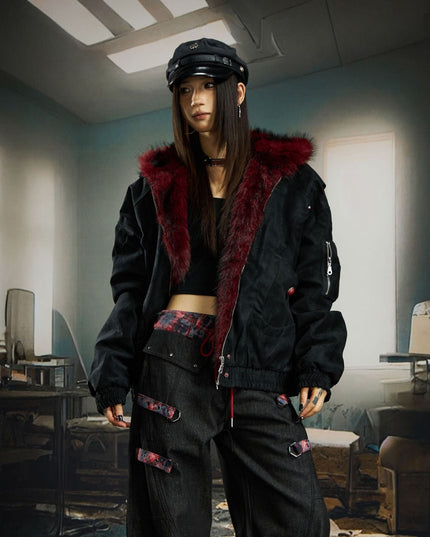 TALKLESSFASHION M [recommended within 75-110 pounds] / Black [original genuine] Heavy fourth-generation mountain carving cotton suit men's red fur collar American retro PU lint jacket plush thickened warm jacket