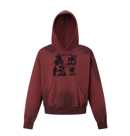 TALKLESSFASHION M / red 27415 American street trend neutral trend print old-feeling spray horse design short and wide men's hooded sweatshirt