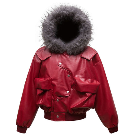 TALKLESSFASHION M / red Big Fur Collar PU Leather Puffer