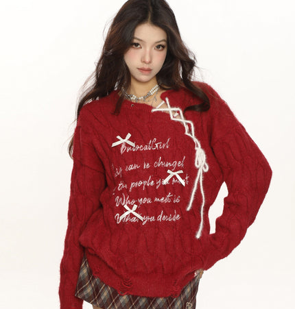 TALKLESSFASHION M / red BIGGOLD Red New Year's Jersey Bow Tie Sweater Women's Autumn and Winter Lazy Wind Soft Waxy Knit Top