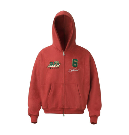 TALKLESSFASHION M / red JW308 American Trend Suede Vintage Structure Embroidery Drawing Design Short and Wide Men's Hooded Cardigan Sweatshirt