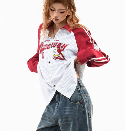 TALKLESSFASHION M / red OV original American stripe contrast patchwork couple long sleeve shirt women's spring preppy style loose lapel shirt men