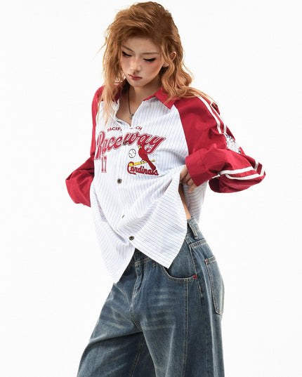 TALKLESSFASHION M / red OV original American stripe contrast patchwork couple long sleeve shirt women's spring preppy style loose lapel shirt men