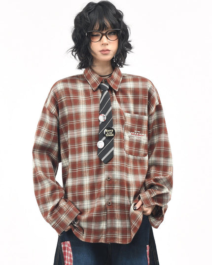 TALKLESSFASHION M / red OV original American vintage plaid long sleeve shirt men's and women's autumn street loose tie badge design shirt trend