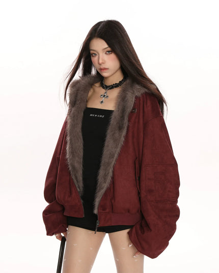 TALKLESSFASHION M / Red Wear it on both sides Reversible Suede Faux Fur Jacket
