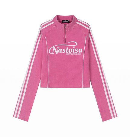 TALKLESSFASHION M / Rose pink XPKAEAX American Spice Girl Monogram Print Half Zip High Neck Long Sleeve T-Shirt Women's Fall Slim Crop Top