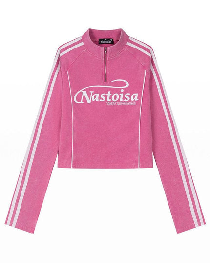TALKLESSFASHION M / Rose pink XPKAEAX American Spice Girl Monogram Print Half Zip High Neck Long Sleeve T-Shirt Women's Fall Slim Crop Top