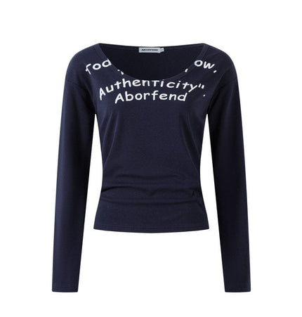 TALKLESSFASHION M / Royal blue XPKAEAX American Spice Girl Monogram Print U-Neck Long Sleeve T-Shirt Women Fall 2025 Loose Off-the-Shoulder Top ins