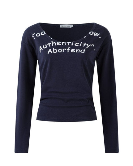 TALKLESSFASHION M / Royal blue XPKAEAX American Spice Girl Monogram Print U-Neck Long Sleeve T-Shirt Women Fall 2025 Loose Off-the-Shoulder Top ins
