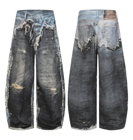 TALKLESSFASHION M / The picture is gray-blue-black AC Feng Gao Street Old Jeans Heavy Work Washing Hand Destroyed Raw Edge Men and Women Vintage Scimitar Loose Pants