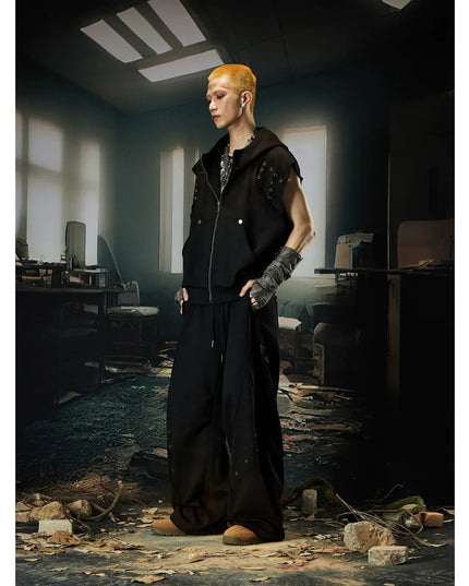 TALKLESSFASHION M / Tops + pants Wasteland Cropped Hooded Vest & Slacks Set