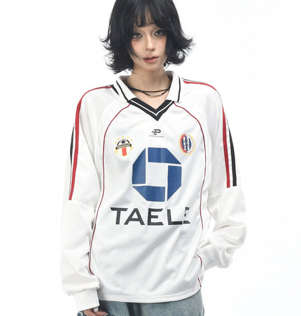 TALKLESSFASHION M / white OV Original American Vintage V-Neck Jersey Printed Long Sleeve T-Shirt Men's and Women's Autumn Loose Raglan Sleeve Couple Top Tide