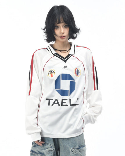 TALKLESSFASHION M / white OV Original American Vintage V-Neck Jersey Printed Long Sleeve T-Shirt Men's and Women's Autumn Loose Raglan Sleeve Couple Top Tide