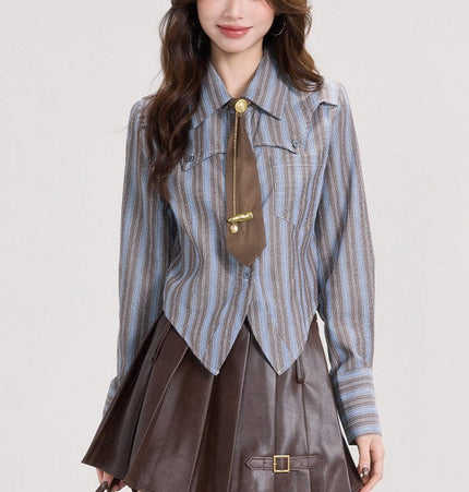 TALKLESSFASHION Mi Xiaoke American retro long-sleeved shirt women's spring college style with striped shirt and small temperament top