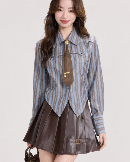 TALKLESSFASHION Mi Xiaoke American retro long-sleeved shirt women's spring college style with striped shirt and small temperament top