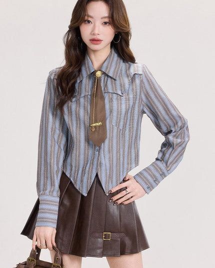 TALKLESSFASHION Mi Xiaoke American retro long-sleeved shirt women's spring college style with striped shirt and small temperament top