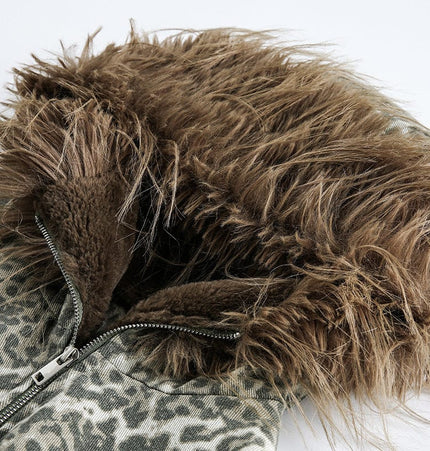 TALKLESSFASHION mountain carved fur collar cotton jacket leopard print jacket