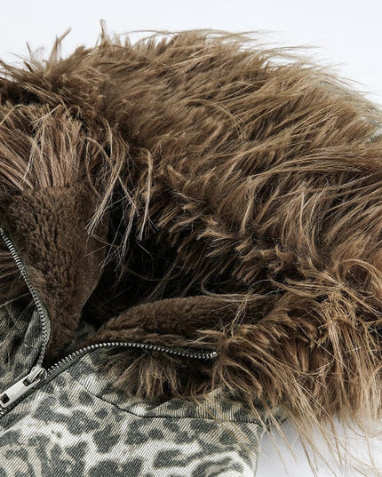 TALKLESSFASHION mountain carved fur collar cotton jacket leopard print jacket
