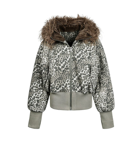 TALKLESSFASHION mountain carved fur collar cotton jacket leopard print jacket