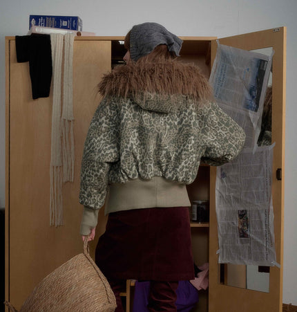 TALKLESSFASHION mountain carved fur collar cotton jacket leopard print jacket