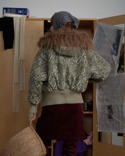 TALKLESSFASHION mountain carved fur collar cotton jacket leopard print jacket