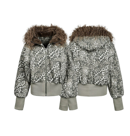 TALKLESSFASHION mountain carved fur collar cotton jacket leopard print jacket