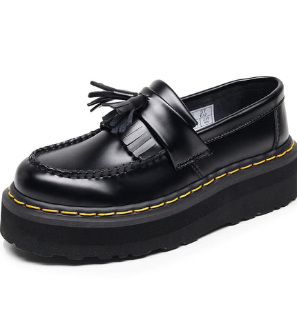 TALKLESSFASHION [No foot grinding] lightweight-platform tassel loafers, female genuine leather low-top heightened black small leather shoes four-season boots 5