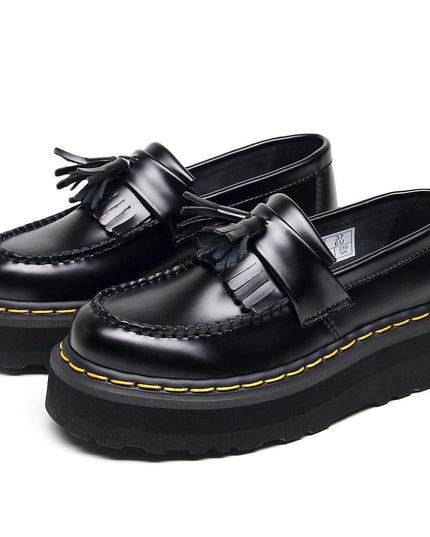 TALKLESSFASHION [No foot grinding] lightweight-platform tassel loafers, female genuine leather low-top heightened black small leather shoes four-season boots 5