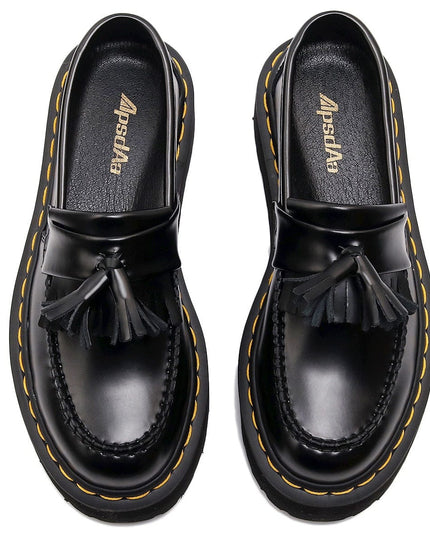 TALKLESSFASHION [No foot grinding] lightweight-platform tassel loafers, female genuine leather low-top heightened black small leather shoes four-season boots 5