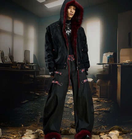 TALKLESSFASHION No man's island original y2k niche personality splicing pants hem furry detachable scimitar pants jeans