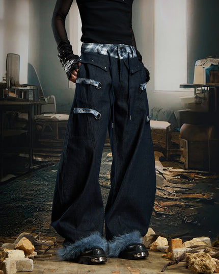 TALKLESSFASHION No man's island original y2k niche personality splicing pants hem furry detachable scimitar pants jeans