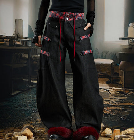 TALKLESSFASHION No man's island original y2k niche personality splicing pants hem furry detachable scimitar pants jeans