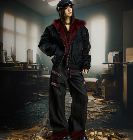 TALKLESSFASHION No man's island original y2k niche personality splicing pants hem furry detachable scimitar pants jeans