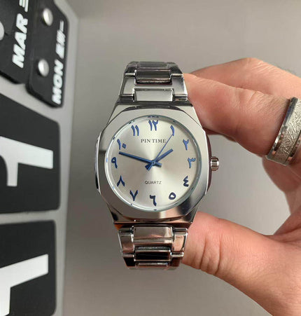 TALKLESSFASHION Noble silver blue characters Square silver band square watch