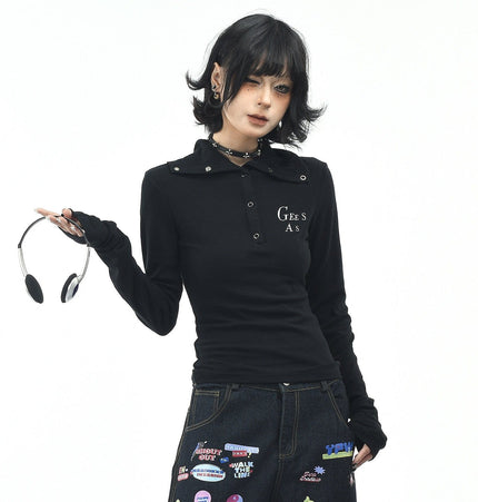 TALKLESSFASHION OV original American hot girl half-open lapel long-sleeved T-shirt women's autumn slim straight shoulder short base shirt top trend