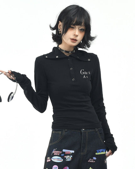 TALKLESSFASHION OV original American hot girl half-open lapel long-sleeved T-shirt women's autumn slim straight shoulder short base shirt top trend