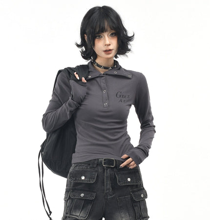 TALKLESSFASHION OV original American hot girl half-open lapel long-sleeved T-shirt women's autumn slim straight shoulder short base shirt top trend