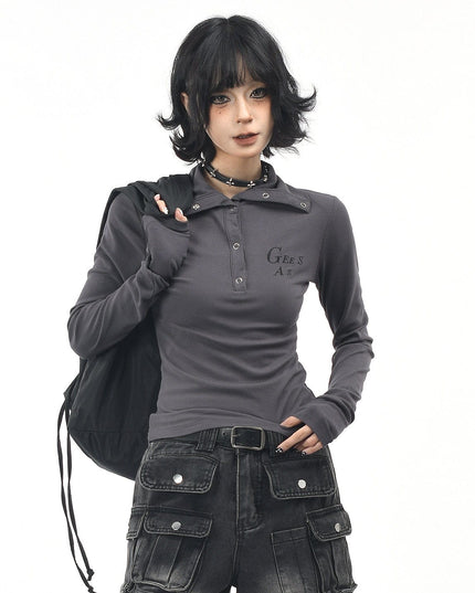 TALKLESSFASHION OV original American hot girl half-open lapel long-sleeved T-shirt women's autumn slim straight shoulder short base shirt top trend