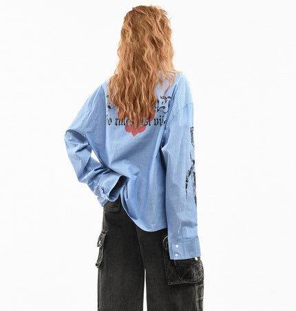 TALKLESSFASHION OV original American letter mottled graffiti long sleeve shirt women's spring loose vertical stripe trendy brand couple top men