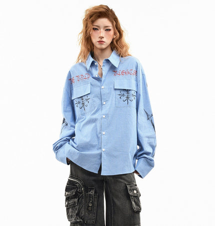 TALKLESSFASHION OV original American letter mottled graffiti long sleeve shirt women's spring loose vertical stripe trendy brand couple top men