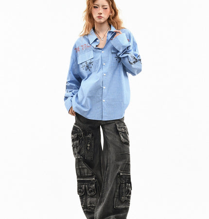 TALKLESSFASHION OV original American letter mottled graffiti long sleeve shirt women's spring loose vertical stripe trendy brand couple top men