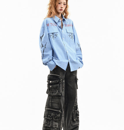 TALKLESSFASHION OV original American letter mottled graffiti long sleeve shirt women's spring loose vertical stripe trendy brand couple top men