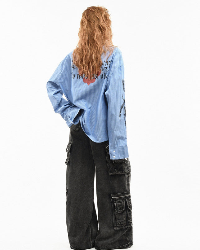 TALKLESSFASHION OV original American letter mottled graffiti long sleeve shirt women's spring loose vertical stripe trendy brand couple top men