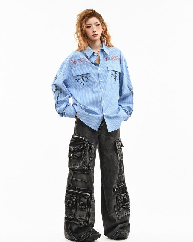 TALKLESSFASHION OV original American letter mottled graffiti long sleeve shirt women's spring loose vertical stripe trendy brand couple top men