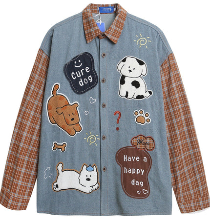 TALKLESSFASHION OV original American plaid patchwork washed denim shirt men's and women's autumn puppy towel embroidered loose long-sleeved shirt