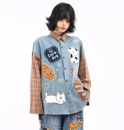 TALKLESSFASHION OV original American plaid patchwork washed denim shirt men's and women's autumn puppy towel embroidered loose long-sleeved shirt